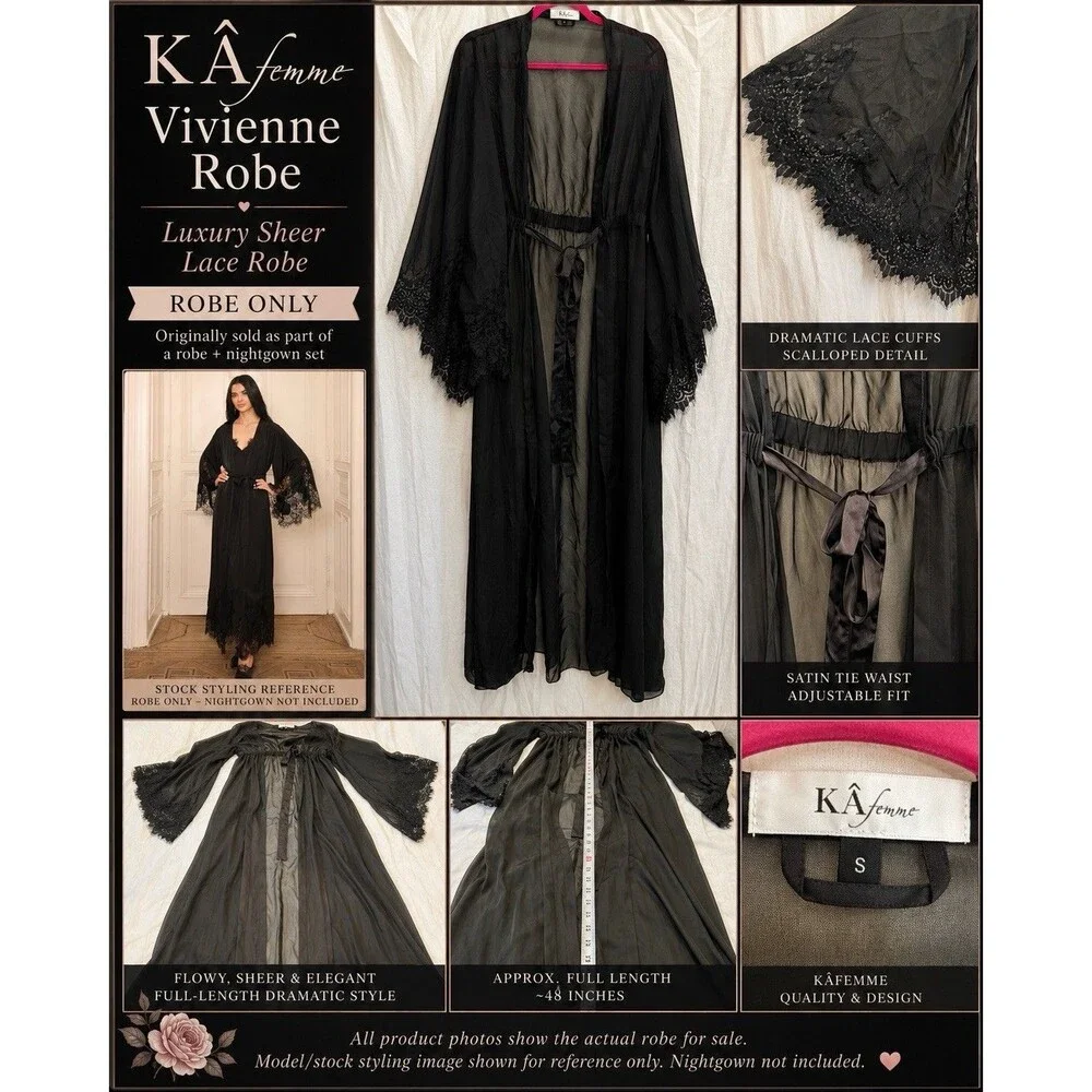 KA Femme Vivienne Luxury Sheer Lace Maxi Robe Black S Dramatic Bell Sleeve EUC